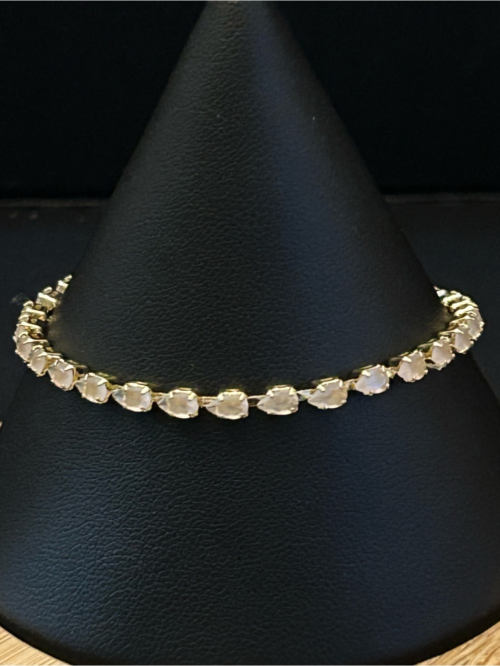 Gold Tennis Line Bracelet with Pale Pink Pear Shaped Faceted Stones